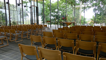 Interior wide shot of a funeral chapel