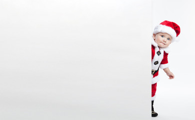 Santa Claus baby hold white advertisment banner blank