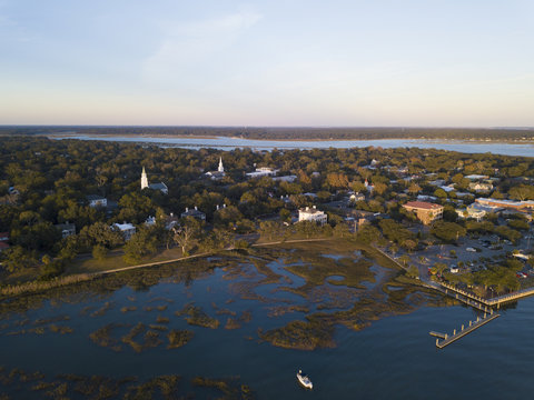 Aerial view of Beaufort, South Carolina at sunset