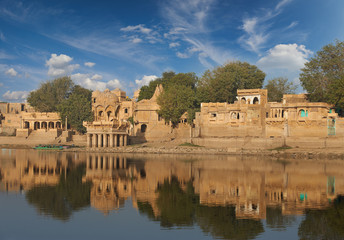 Gadi Sagar temple on Gadisar lake Jaisalmer, India.