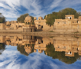 Gadi Sagar temple on Gadisar lake Jaisalmer, India.