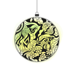 Christmas tree toy. Happy New Year. Zentangle. Watercolor stain. Hand drawn christmas ball with abstract patterns on isolation background. Design for spiritual relaxation for adults. Line art creation