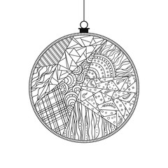 Christmas tree toy. Happy New Year. Zentangle. Watercolor stain. Hand drawn christmas ball with abstract patterns on isolation background. Design for spiritual relaxation for adults. Line art creation