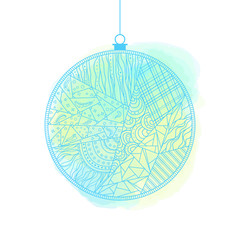 Christmas tree toy. Happy New Year. Zentangle. Watercolor stain. Hand drawn christmas ball with abstract patterns on isolation background. Design for spiritual relaxation for adults. Line art creation