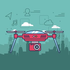 drone on the city background with camera mechanism remote controlled vector illustration