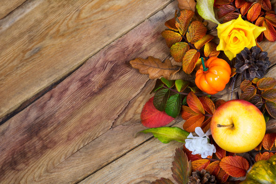 Thanksgiving background with red, green and yellow fall leaves, copy space