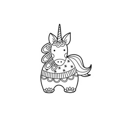 Cute magical unicorn black and white vector illustration.
