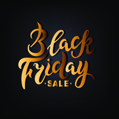 Black Friday sale. Hand drawn golden lettering for banner/logo/badge/web/poster. Discount time. Vector illustration for your business artwork. Isolated on black background.