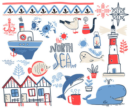 Vector doodle illustration. North sea. Scandinavian style. Colle