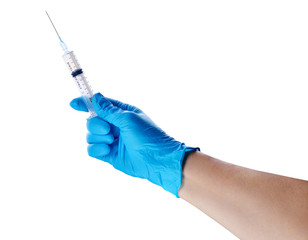 Hands of a medic wearing a blue latex gloves