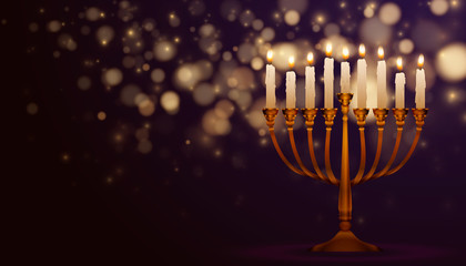 Jewish holiday Hanukkah background, realistic menorah (traditional candelabra), burning candles. Religious holiday art with Happy Hanukkah, Vector illustration.