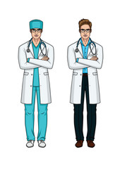 A set of two vector illustrations of male doctors in uniform. The doctor in full height crossed his arms over his chest