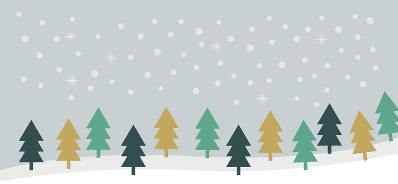 Christmas winter forest landscape background with snow. Minimal vector design with pine tree forest