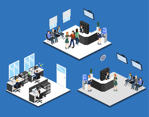 Isometric 3D illustration set Interior of department office with workplaces