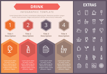 Drink infographic timeline template, elements and icons. Infograph includes numbered options, line icon set with bar drinks, alcohol beverage, variety of glasses, bottles, non-alcoholic beverages etc.