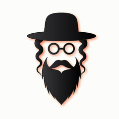 Jewish men in the traditional clothing. Ortodox Jew hat,mustache, glasses, sidelocks and beard. Man concept. Israel people. Black Paper cut style. Vector