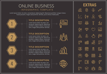 Online business infographic timeline template, elements and icons. Infograph includes numbered options, line icon set with stack of money, online market, business worker, mobile shop, money bag etc.