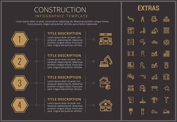 Construction infographic timeline template, elements and icons. Infograph includes numbered options, line icon set with construction worker, builder tools, repair person, house building, excavator etc