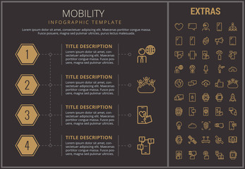 Mobility infographic timeline template, elements and icons. Infograph includes numbered options, line icon set with mobile technology, smartphone application, cloud computing, network connection etc.