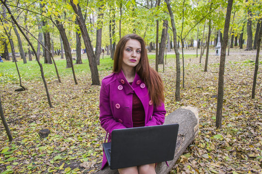 Beautiful woman working and writing letters on laptop in autumn park.