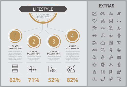 Lifestyle infographic template, elements and icons. Infograph includes numbered customizable charts, line icon set with healthy food, sport exercise, media, training machine, leisure activities etc.