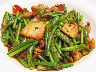 Close up of stir fried shredded pork with vegetables on plate