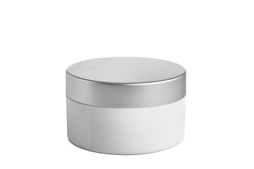 empty plastic jar cosmetic, lotion packaging on a white background