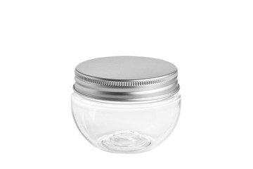 empty glass jar cosmetic, lotion packaging on a white background