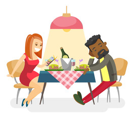 Young multiracial couple of lover at romantic date in the restaurant. Caucasian woman using smartphone on date while her african-american boyfriend feeling bored. Vector isolated cartoon illustration.