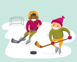 Two teenage african-american and caucasian boys playing ice hockey on an outdoor ice skating rink. Multiethnic kids having fun at outdoor skating rink in winter. Vector isolated cartoon illustration.