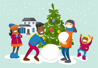 Young happy multiracial family making a snowman in the yard. Cheerful African father and Asian mother playing in the snow with their biracial children outdoors. Vector isolated cartoon illustration.