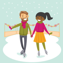 Multiracial couple ice skating outdoors on a pond on a winter day. Young Caucasian man and African-american woman holding hands and skating on ice rink outdoors. Vector isolated cartoon illustration.