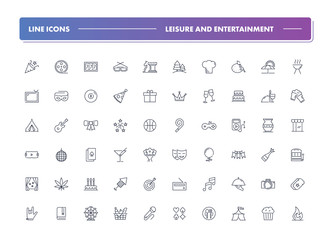 Set of 60 line icons. Leisure and entertainment 