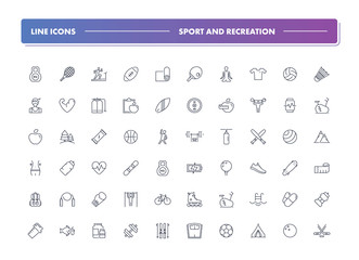 Set of 60 line icons. Sport and recreation 