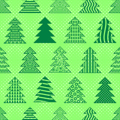 Obraz premium Seamless Background with Green Christmas Fir Trees, Winter Symbols, Holiday Tile Pattern. Vector