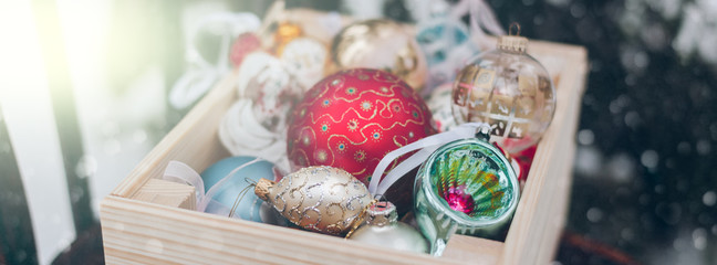 Christmas decoration balls in a wooden box