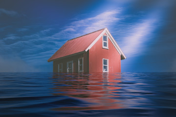 Bright Red Siding House in water flood