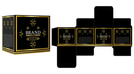 Packaging design, black and gold luxury box design template and mockup box. Illustration vector.
