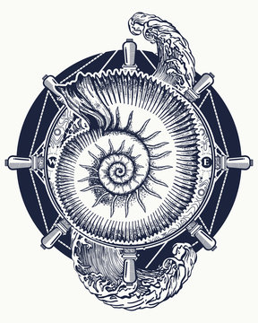 Sea wave storm and ancient ammonites tattoo and t-shirt design. Ocean wave art. Sea tattoo. Symbol of a storm and calm, silence and noise