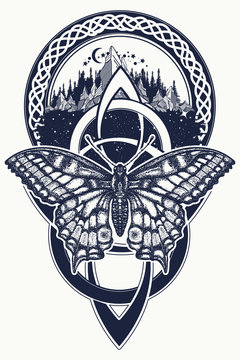 Celtic knot and butterfly tattoo. Mountain, forest, symbol travel, symmetry, tourism t-shirt design. Celtic art and beautiful swallowtail tattoo in ethnic style