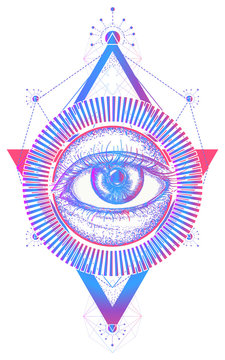 All seeing eye color tattoo art vector. Freemason and spiritual symbols. Alchemy, medieval religion, occultism, spirituality and esoteric tattoo. Magic eye t-shirt design
