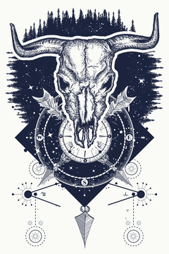 Skull bull, forest and compass tattoo and t-shirt design. Wild west art, bison skull, compass, crossed arrows, wild forest. Symbol of western, wild West, crime, outdoors