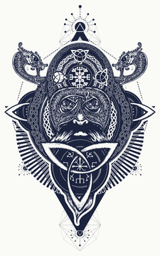 Viking tattoo and t-shirt design. Northern warrior. Celtic emblem of Odin. Northern dragons, viking helmet, ethnic style. Viking warrior tattoo
