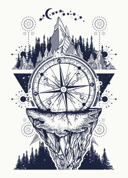 Compass, mountains and night forest boho style, t-shirt design. Mountains and antique compass tattoo art. Adventure, travel, outdoors, symbol