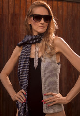 fashionable beautiful one mature Caucasian woman posing, late 40s, ex fashion model posing, upper...