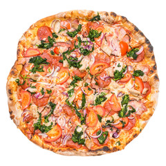 Top view of pizza Giacomo isolated on white