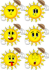 Cartoon sun tipping his hat. Collection with sad faces. Expressions vector set.