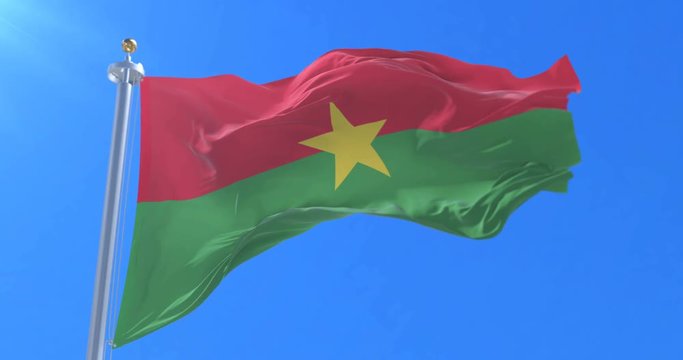Flag of Burkina Faso waving at wind in slow with blue sky, loop