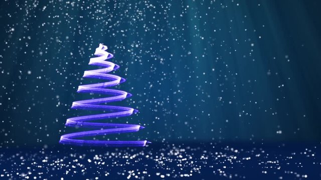 Blue big Christmas tree from glow shiny particles on the left side of screen. Winter theme for Xmas background with copy space. 3d Xmas tree V7 with glitter particles DOF