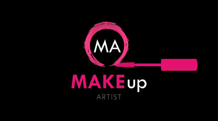 Fototapeta na wymiar Makeup Artist business card logo template. Pink Mascara brush and textured circle stroke of mascara on black background. Fashion design of emblem for stylist. Perfect logotype and business card